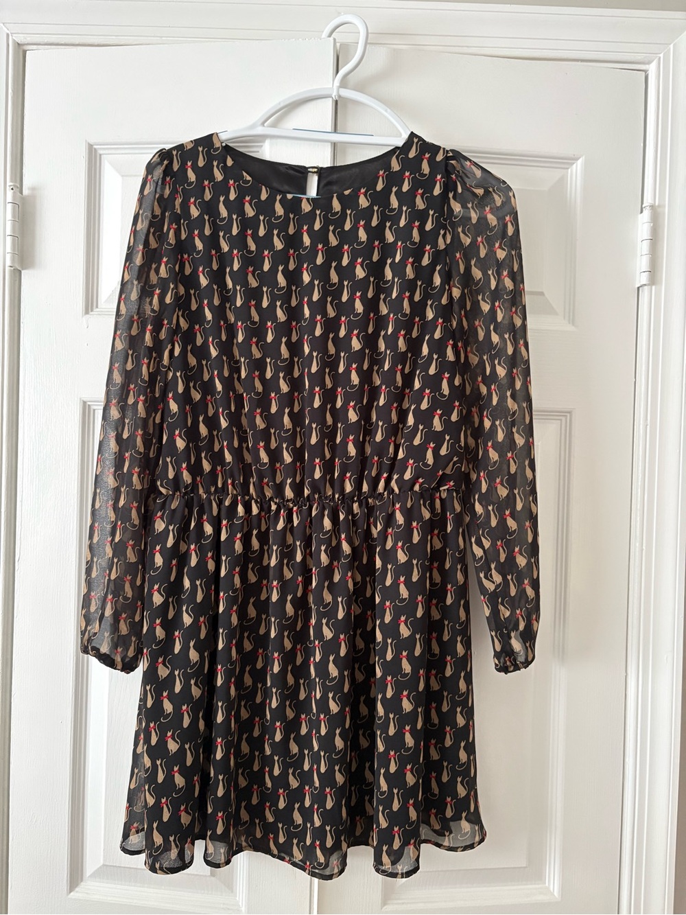 Cute Black Cat Print Chiffon Mini Dress with Long Sheer Sleeves